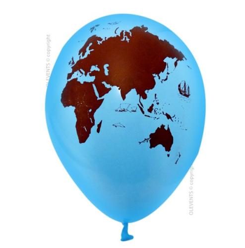Ballon imprimé mappemonde bleu et marron air ou hélium